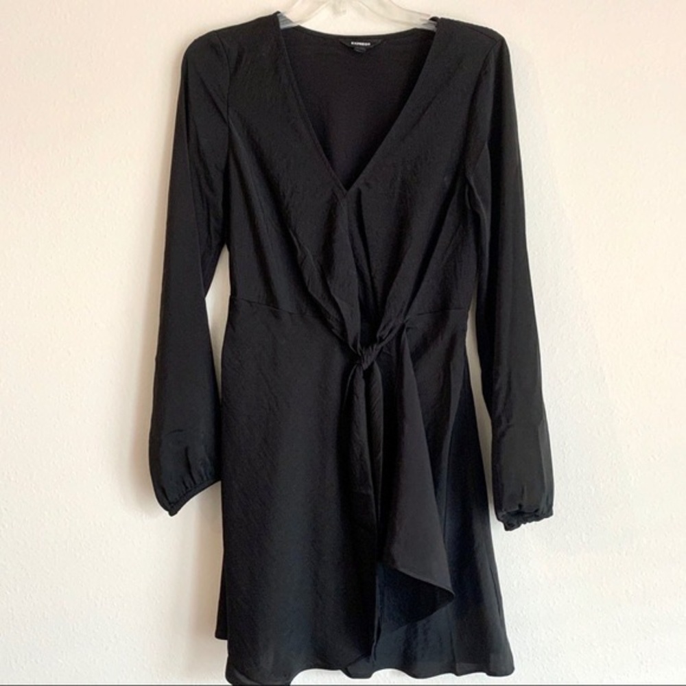 Black Express Long Sleeve Wrap Tie Dress